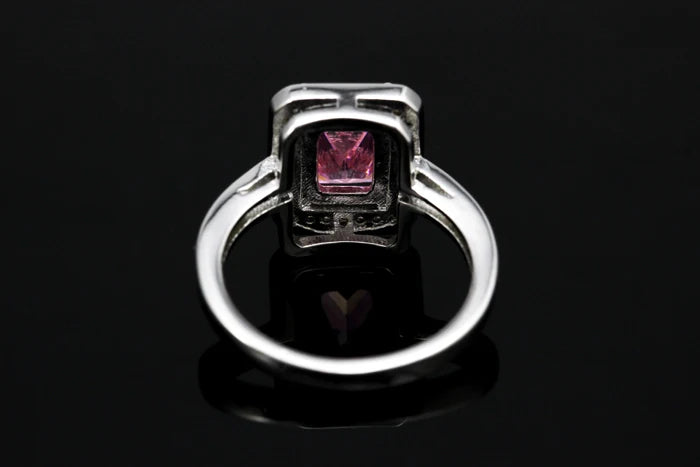 Pink Square Ring W/Stones Silver Color Cubic Zirconia