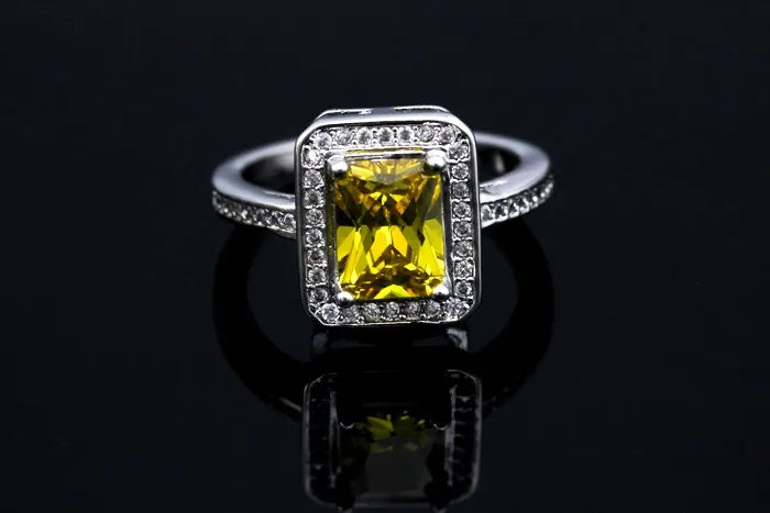 Pink Square Ring W/Stones Silver Color Cubic Zirconia