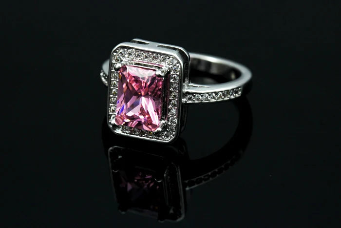 Pink Square Ring W/Stones Silver Color Cubic Zirconia