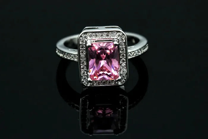 Pink Square Ring W/Stones Silver Color Cubic Zirconia