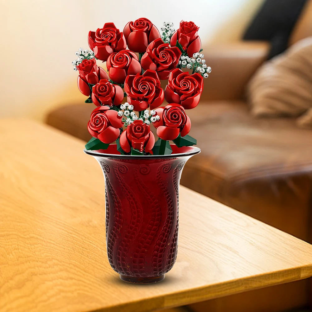 Romantic Red Rose Flower Bouquet Building Pieces