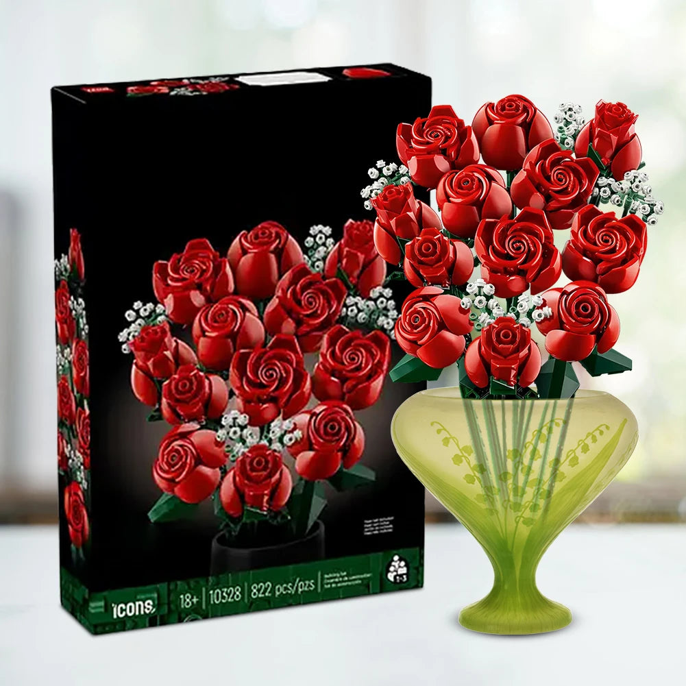 Romantic Red Rose Flower Bouquet Building Pieces