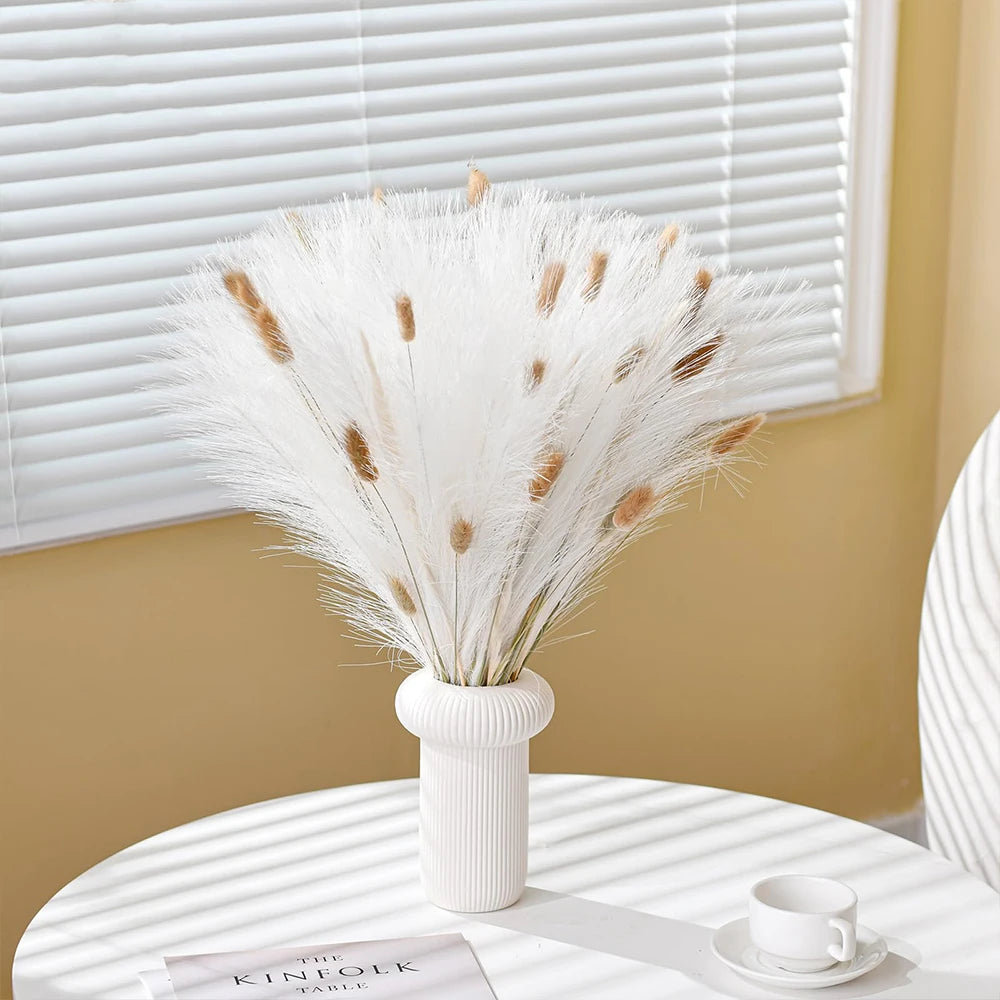 60PCS Faux Pampas Grass Artificial Flowers 21.6in Fluffy White Pampas Fake Flower for Home Wedding Christmas Party Boho Decor