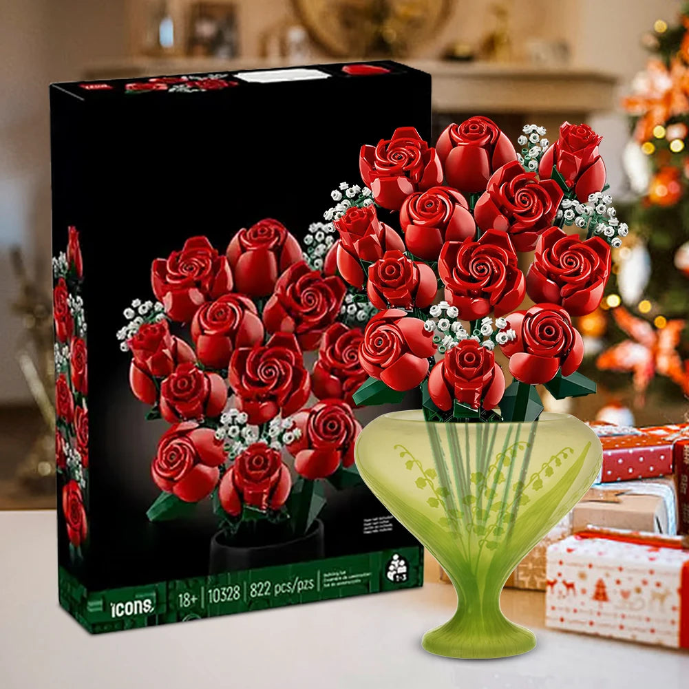 Romantic Red Rose Flower Bouquet Building Pieces
