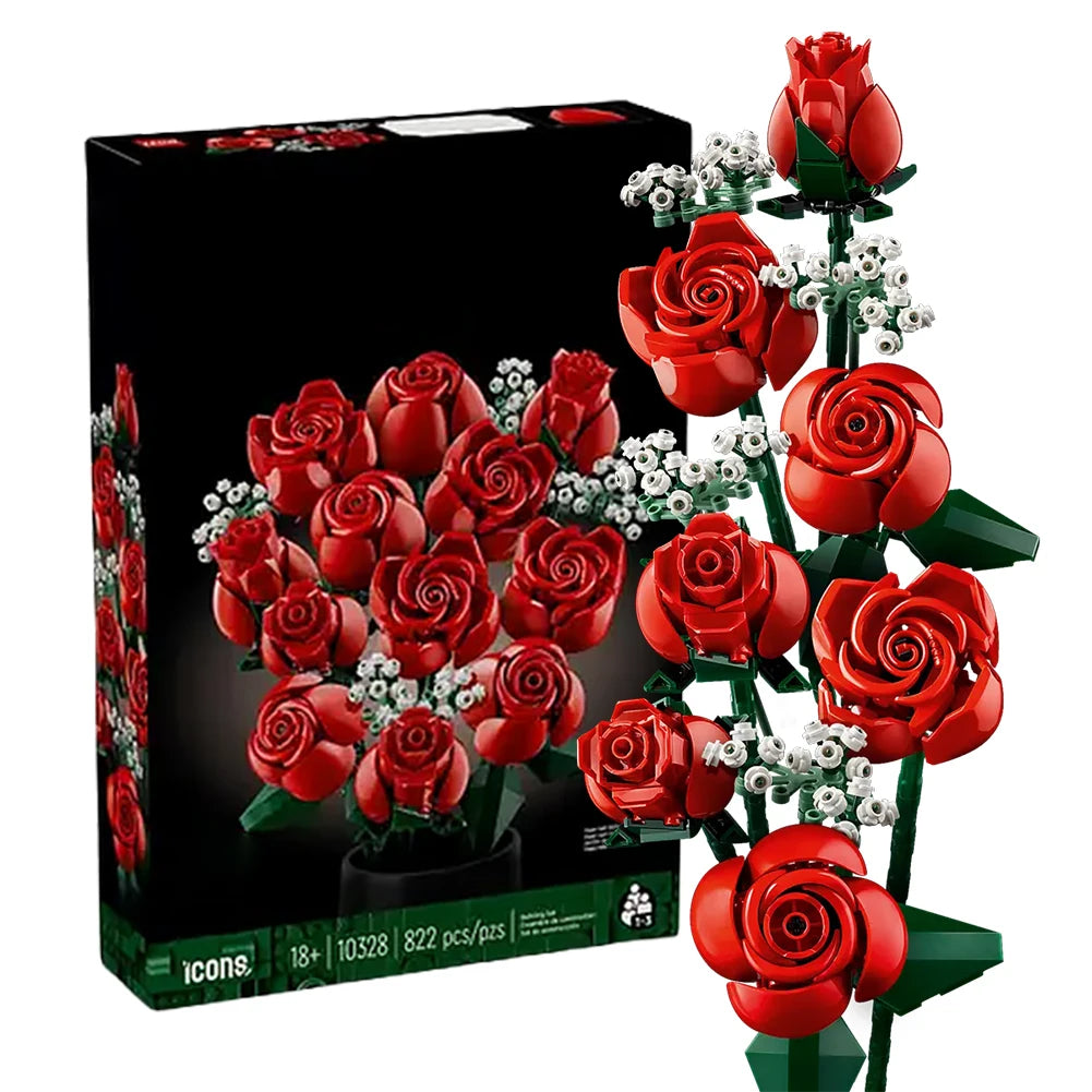 Romantic Red Rose Flower Bouquet Building Pieces