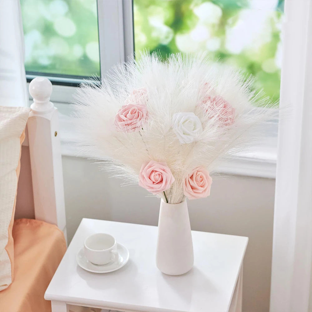 60PCS Faux Pampas Grass Artificial Flowers 21.6in Fluffy White Pampas Fake Flower for Home Wedding Christmas Party Boho Decor