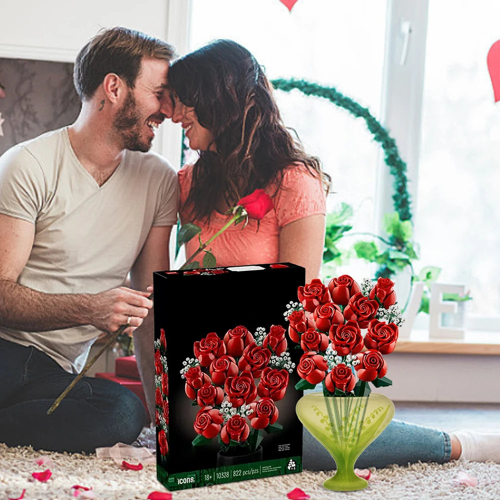 Romantic Red Rose Flower Bouquet Building Pieces
