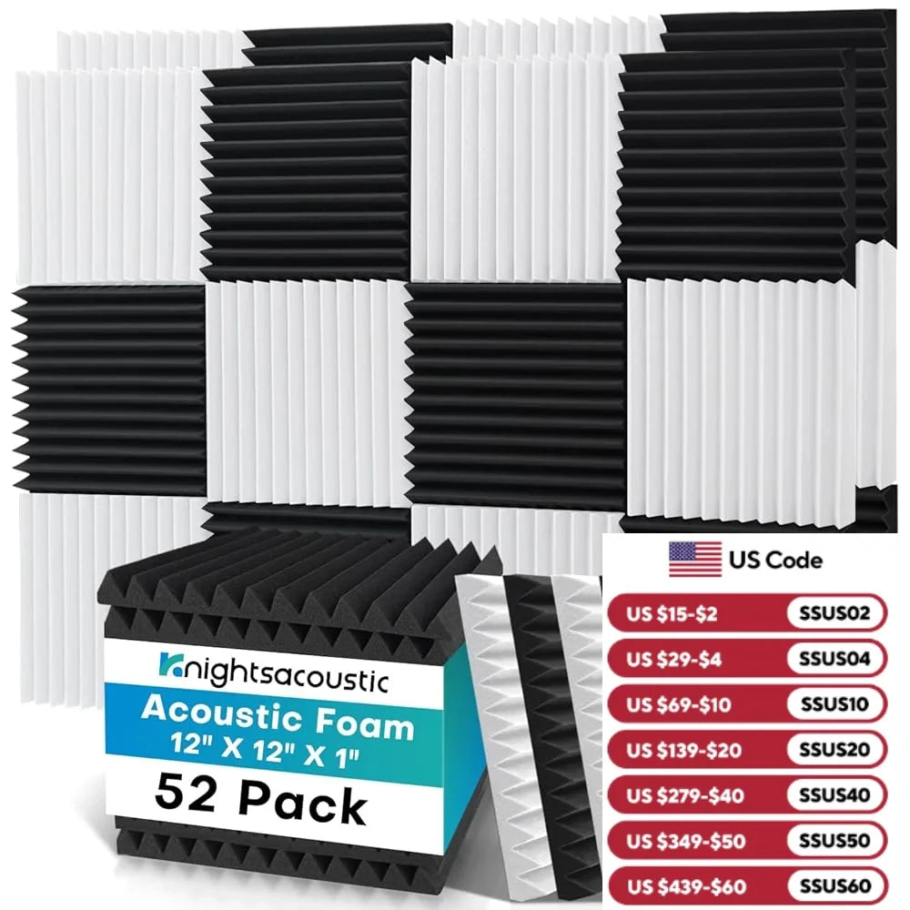 52 Pack Acoustic Foam Black/White, Soundproof Panels