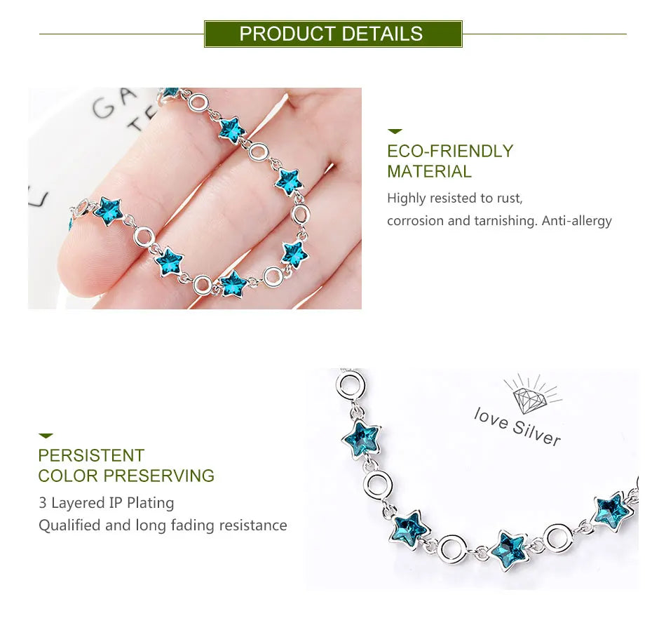 925 Sterling Silver Blue Star Crystal Bracelet-Chain For Women