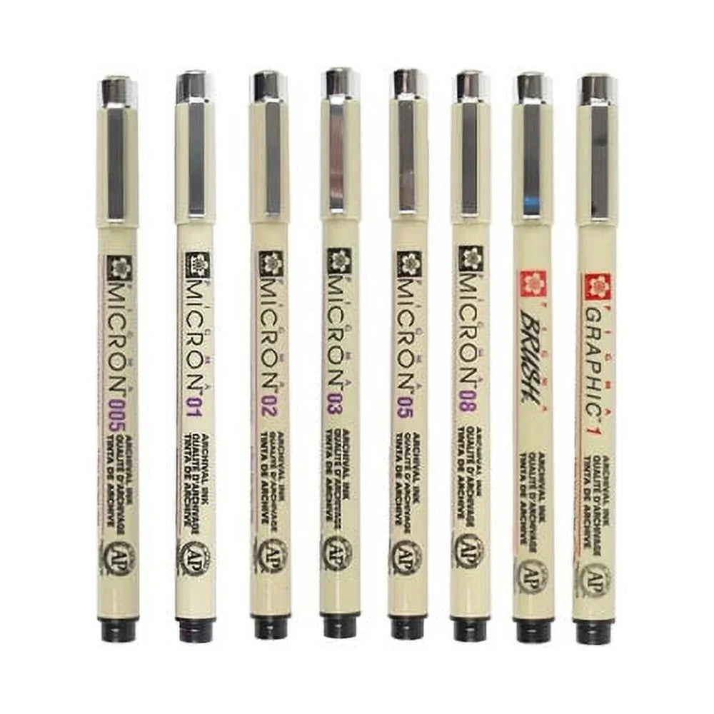 Micron Pen Set 8-Pack Black Ink Fine Point Pens