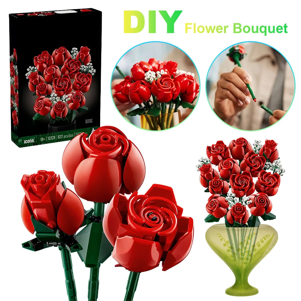Romantic Red Rose Flower Bouquet Building Pieces