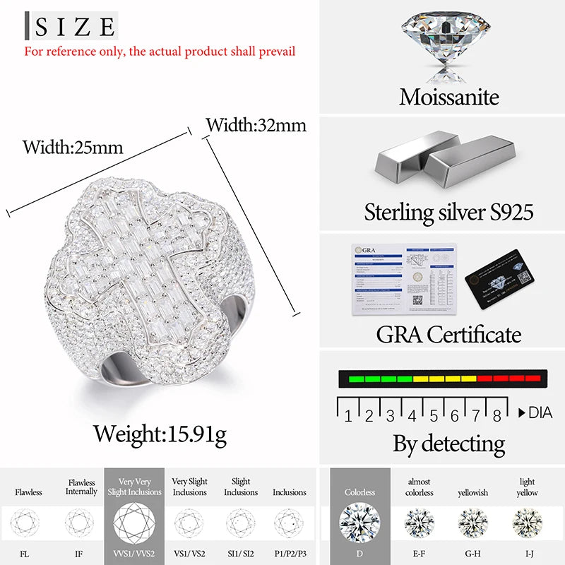 Sterling Unisex Baguette Moissanite Hip Hop Jewelry