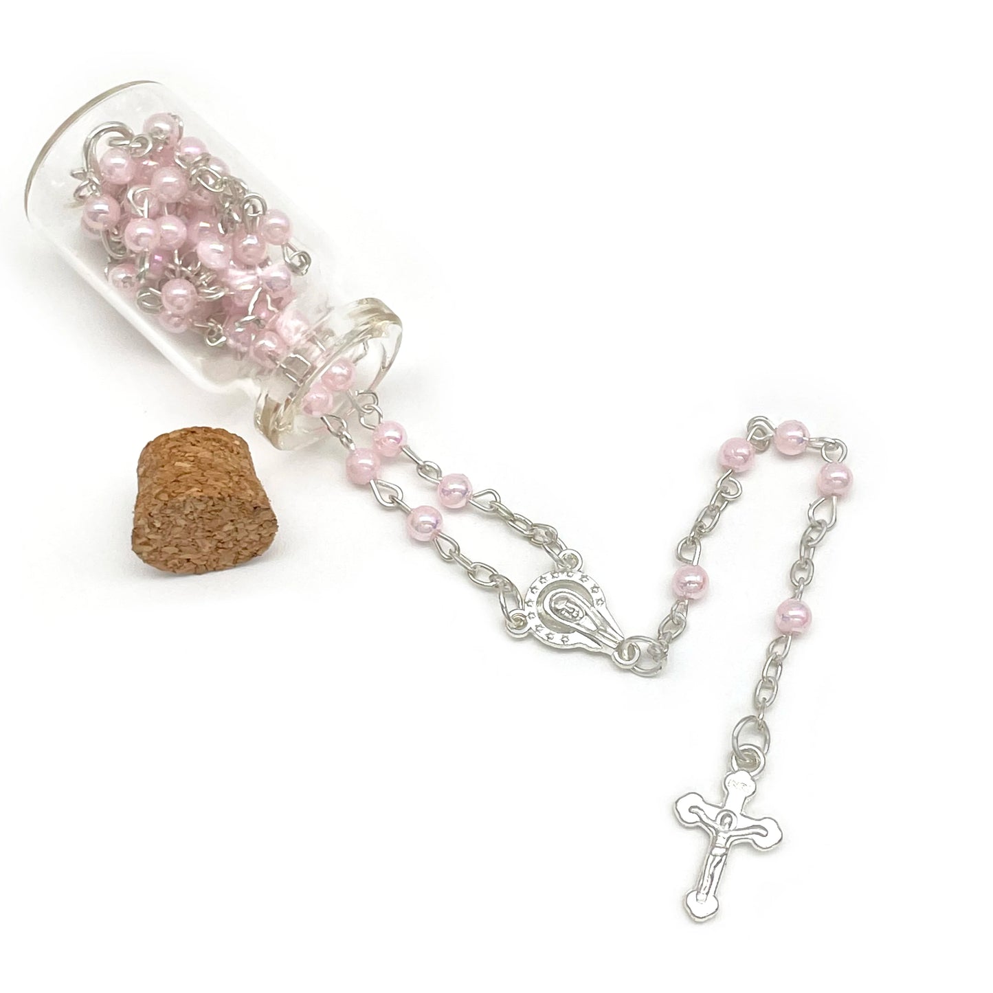 Baptism Rosary in Glass Jar Bottle W/Pearl Beads