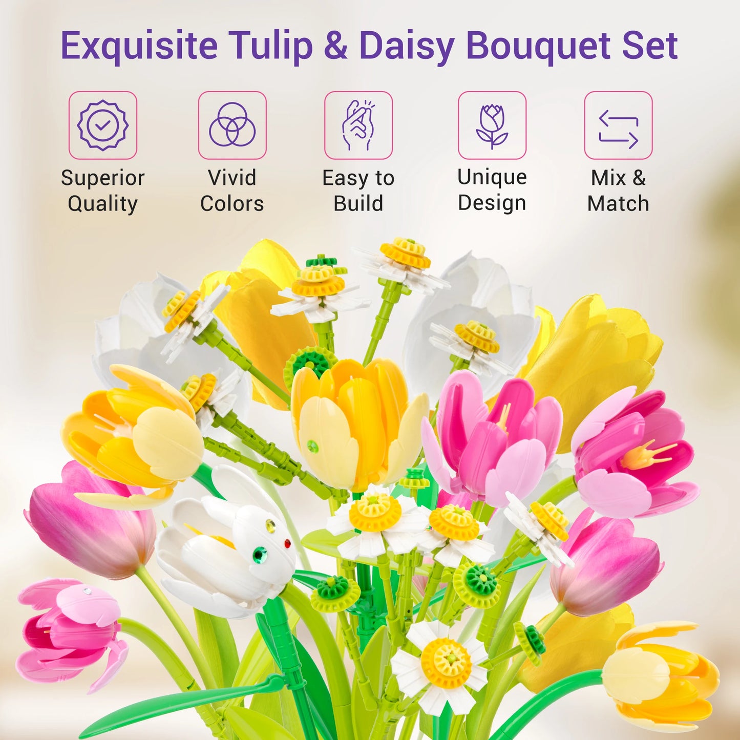 Tulip & Daisy Flowers, Bouquet Building Set for Family