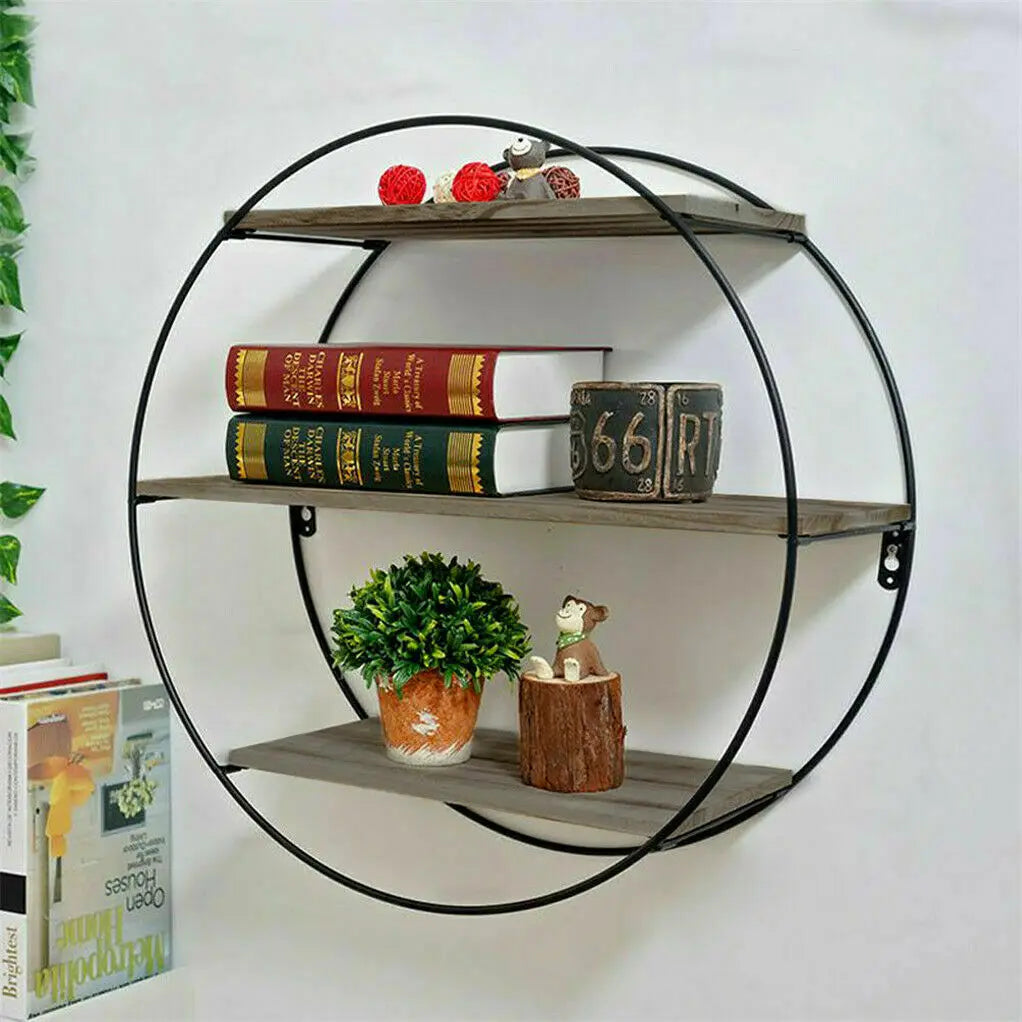 3 Tier Floating Wall Rustic Industrial Wood & Metal Shelves