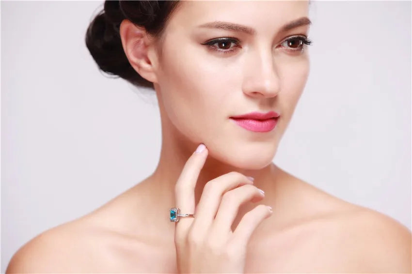 Pink Square Ring W/Stones Silver Color Cubic Zirconia