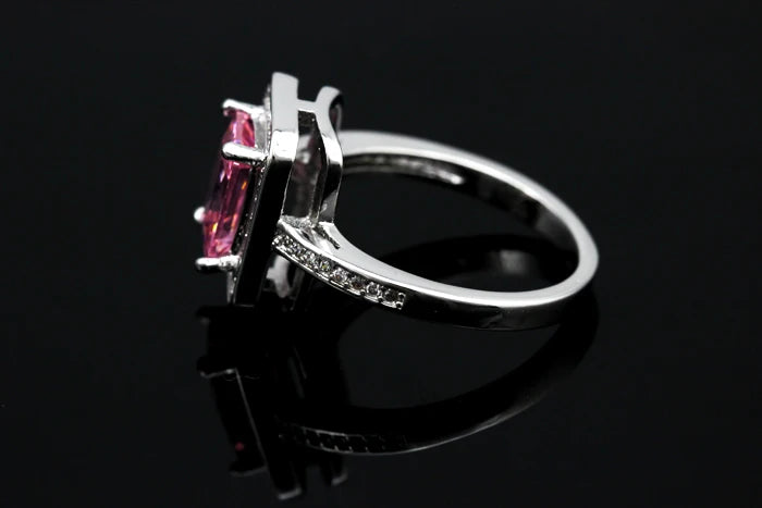 Pink Square Ring W/Stones Silver Color Cubic Zirconia