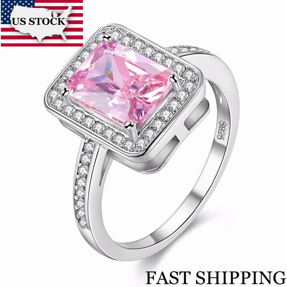 Pink Square Ring W/Stones Silver Color Cubic Zirconia
