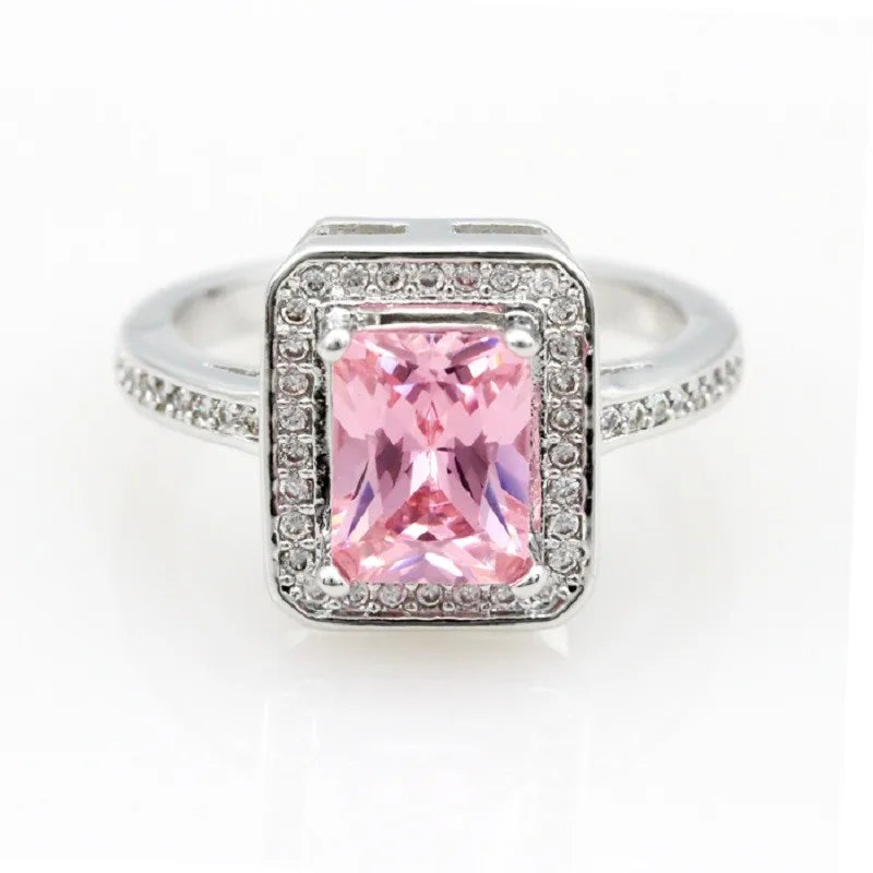 Pink Square Ring W/Stones Silver Color Cubic Zirconia