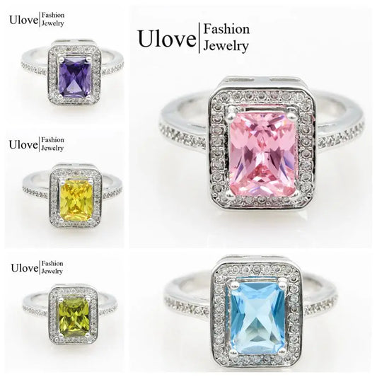 Pink Square Ring W/Stones Silver Color Cubic Zirconia
