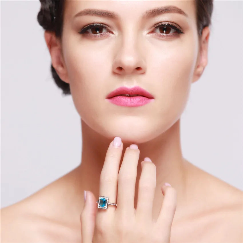 Pink Square Ring W/Stones Silver Color Cubic Zirconia