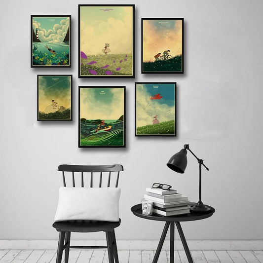 Classics Retro Poster Set - Spirited Away, Ponyo, Kraft Paper Wall Art