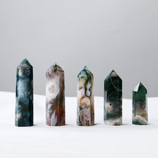 Natural Crystal Healing Green Moss Agate Point Hexagonal Column