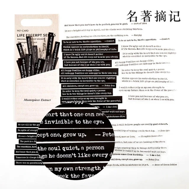 Strip English Stickers - Black, White, Text, Poems, Scrapbooking (40 pcs)