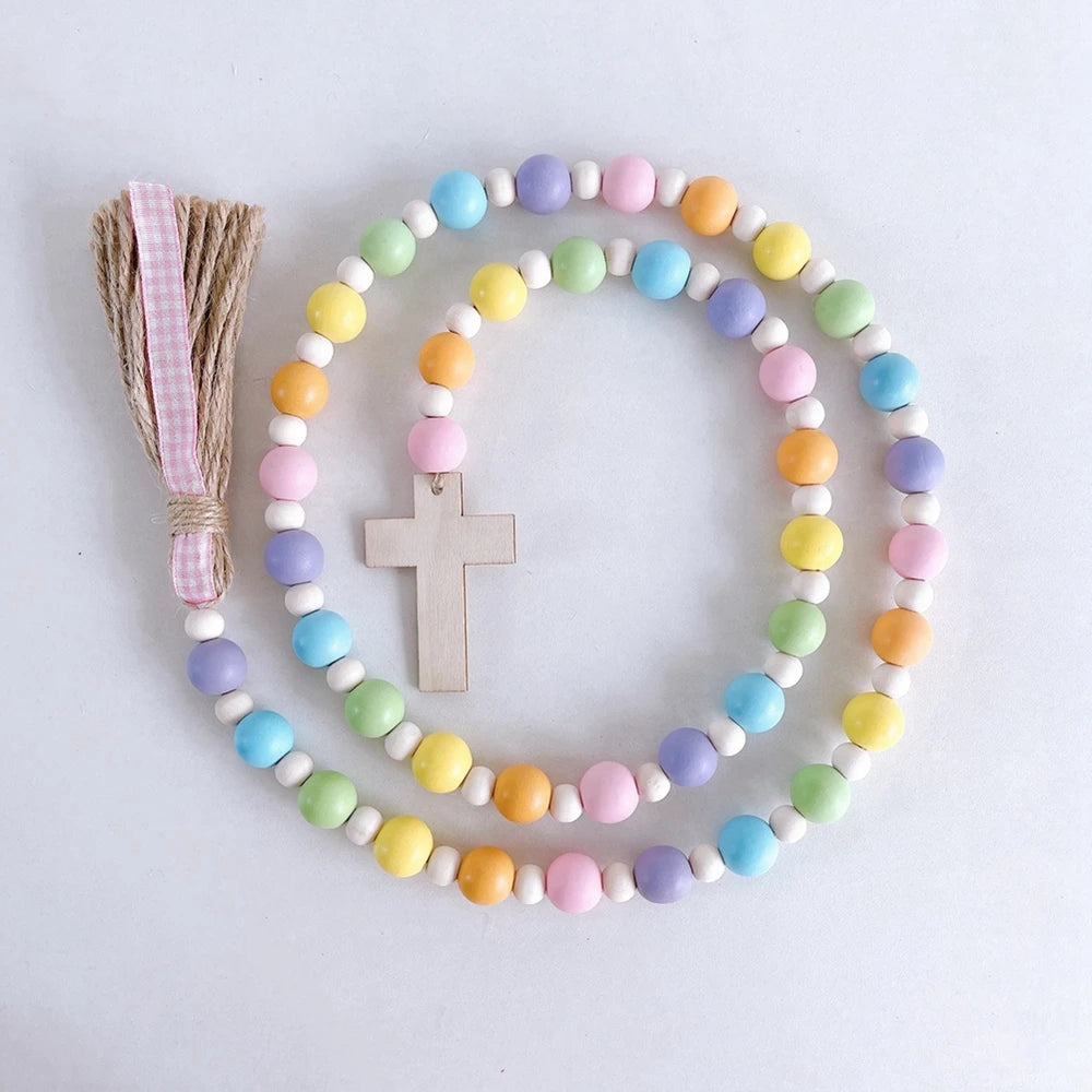 Easter Religious Wood Bead Garland, Natural Wood