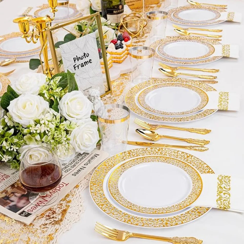 350PCS Gold Disposable Dinnerware Set