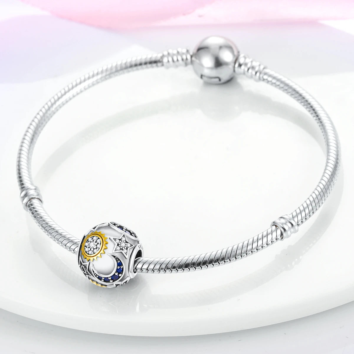 925 Sterling Moon/Stars Bead, Fit Pandora Bracelets-Necklaces