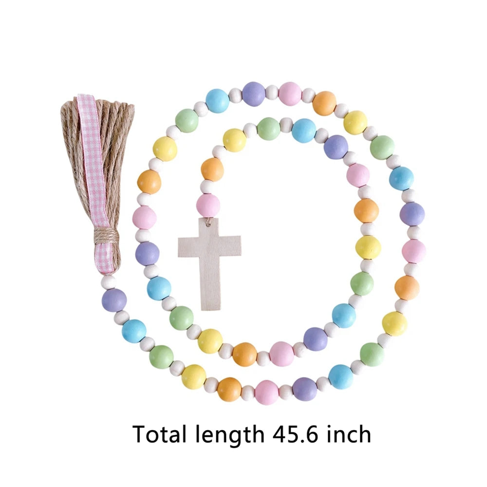 Easter Religious Wood Bead Garland, Natural Wood