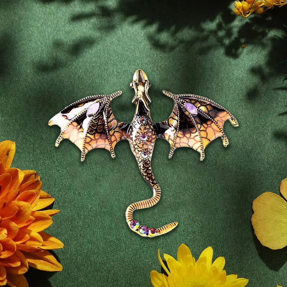 Flying Dragon Brooch  w Rhinestone, Enamel Pterosaur Pin