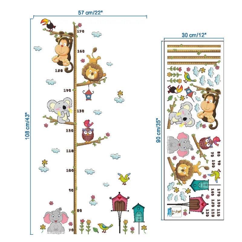 Cute Elephant Lion Zoo Height Measure Wall Sticker Kids Room