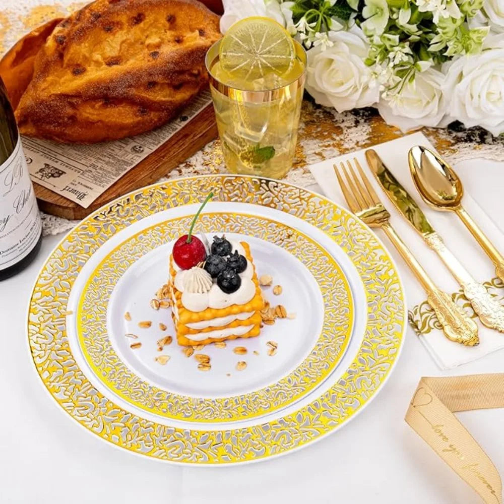 350PCS Gold Disposable Dinnerware Set