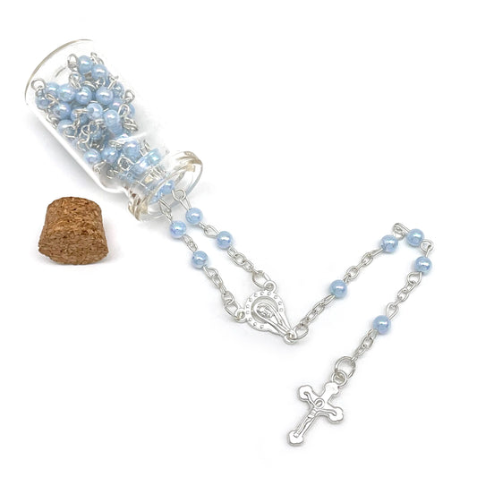 Baptism Rosary in Glass Jar Bottle W/Pearl Beads