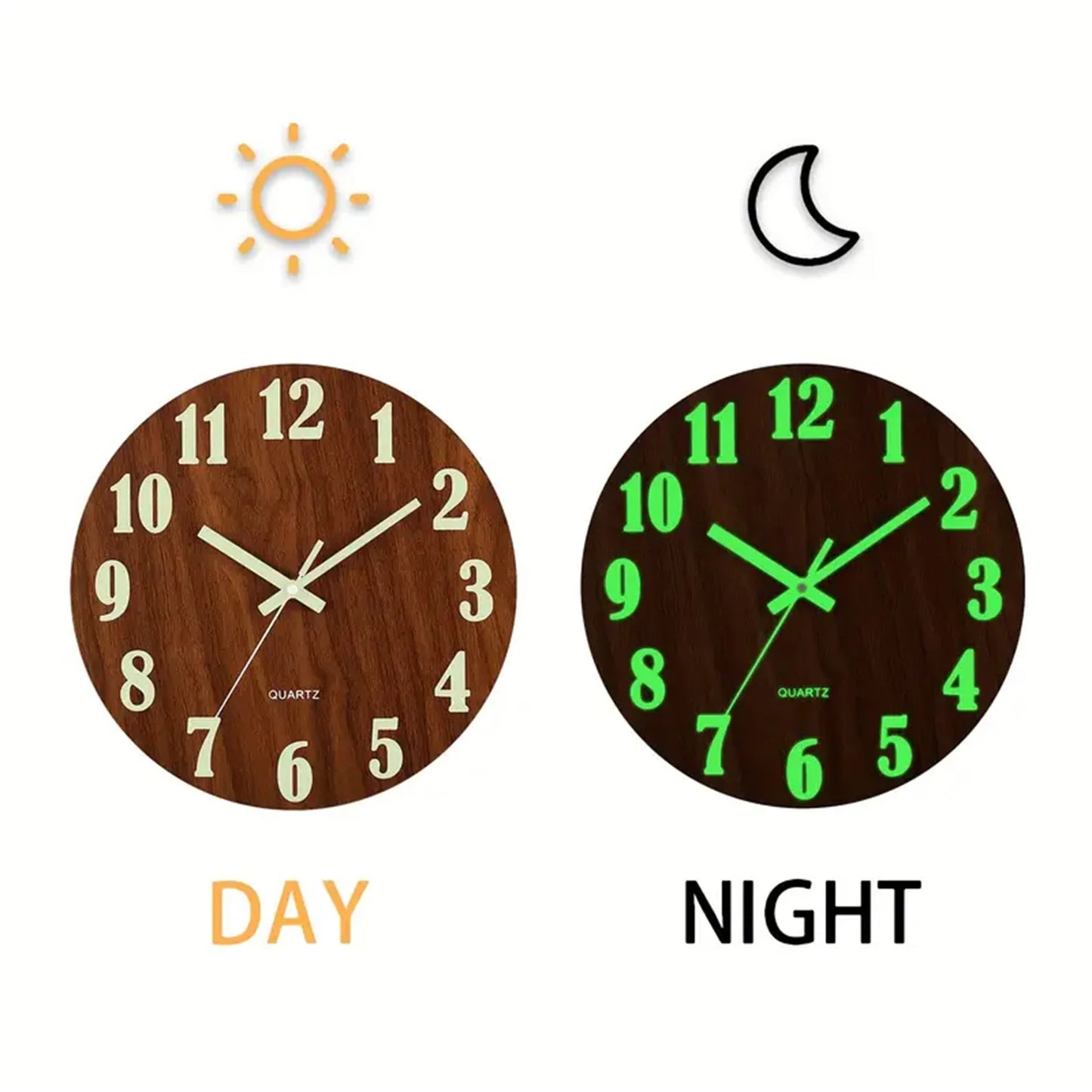 12 Inch Wooden Luminous Silent Wall Clock
