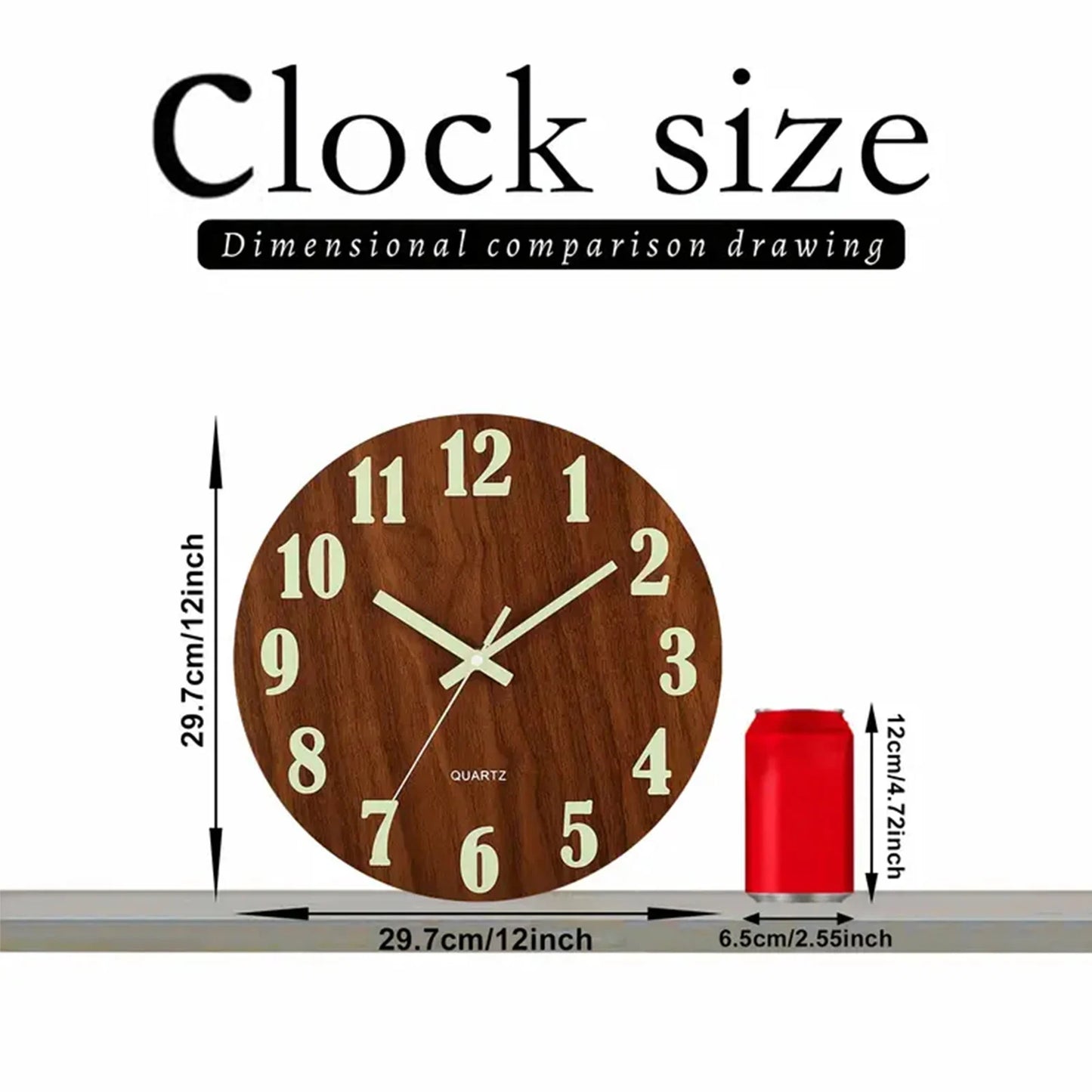 12 Inch Wooden Luminous Silent Wall Clock