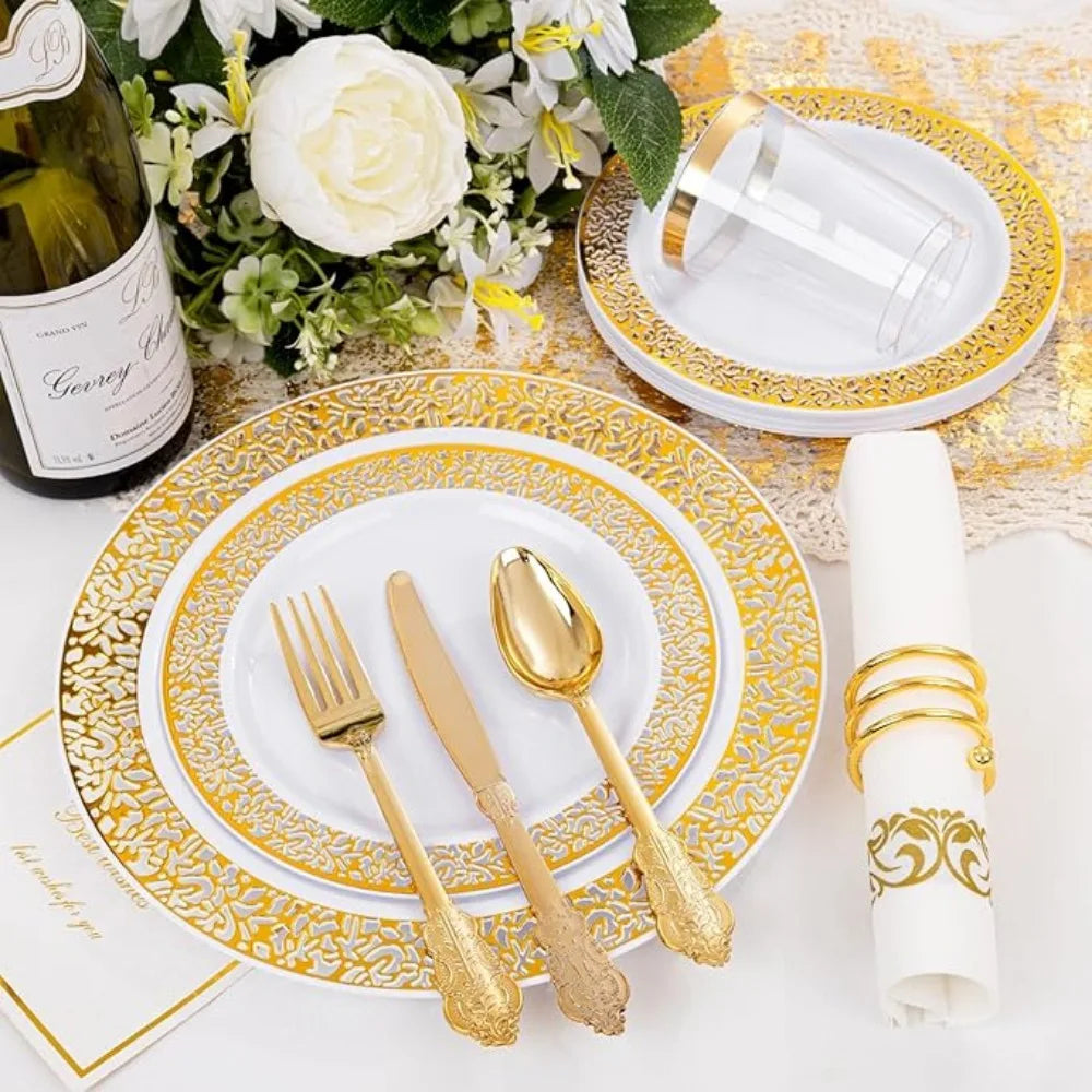 350PCS Gold Disposable Dinnerware Set