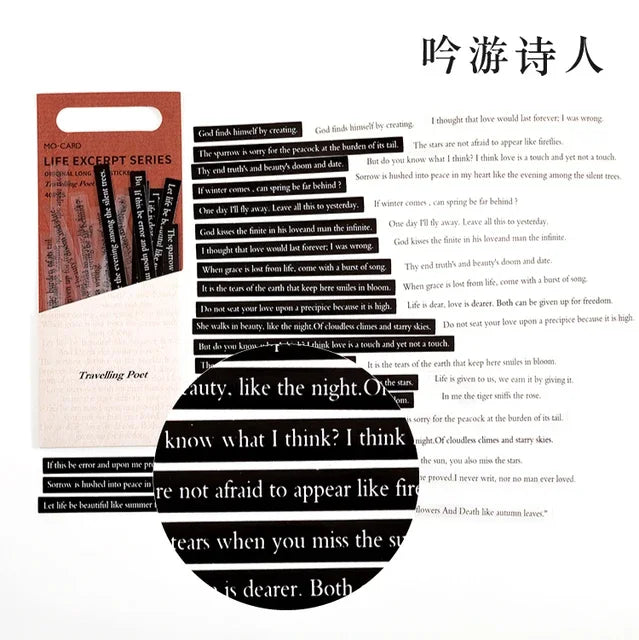 Strip English Stickers - Black, White, Text, Poems, Scrapbooking (40 pcs)