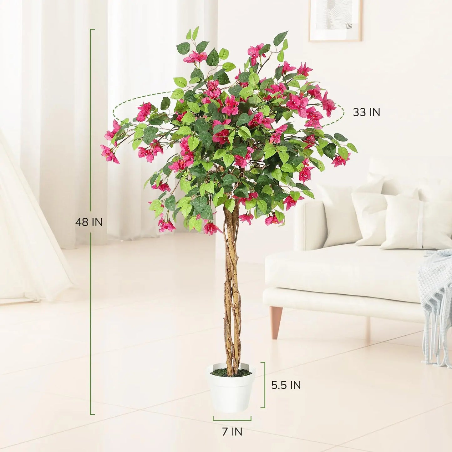 Artificial Indoor Bougainvillea Tree w/White Pot