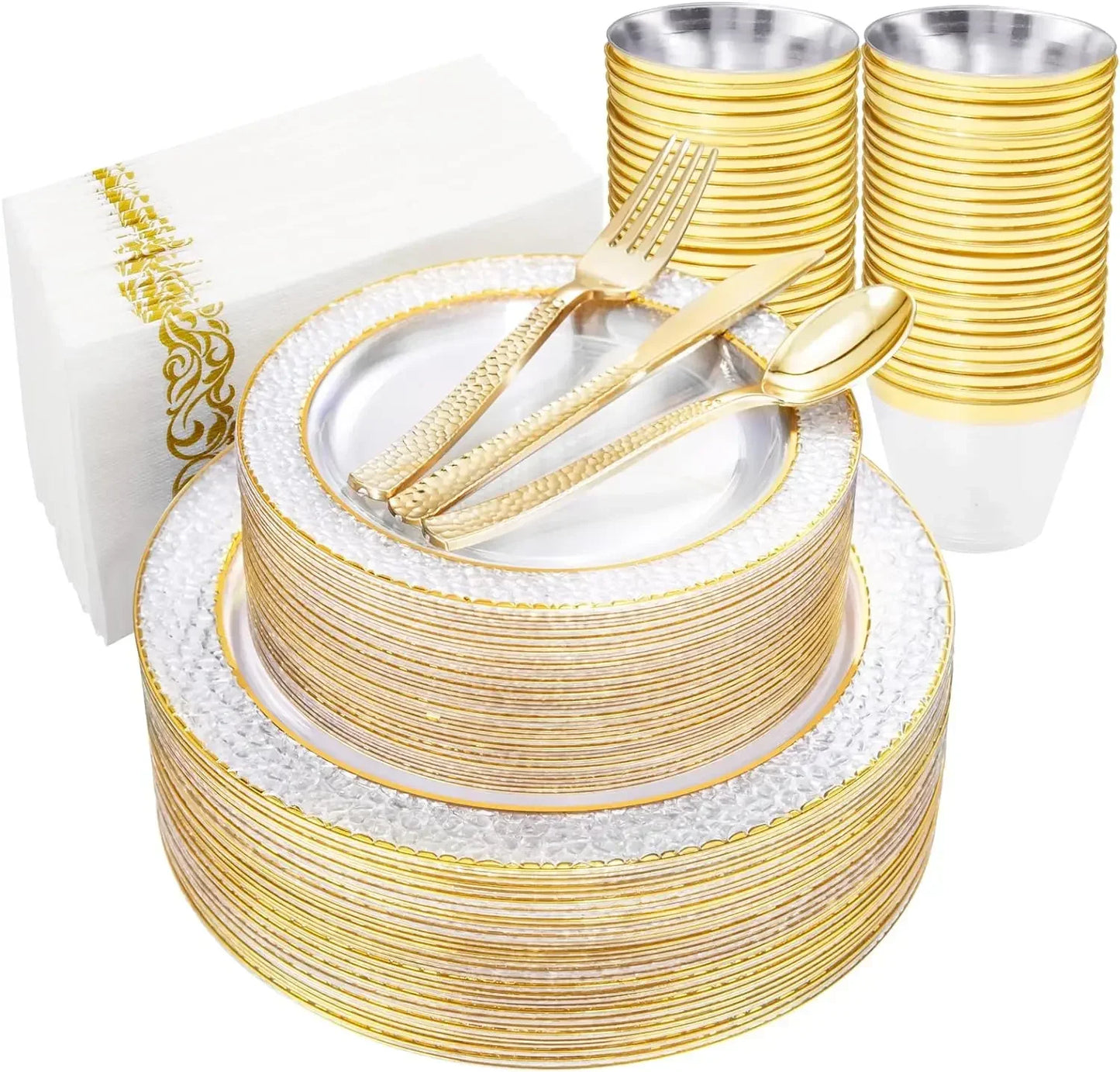 350PCS Gold Disposable Dinnerware Set