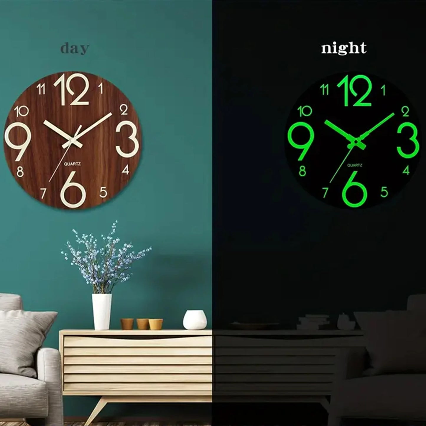 12 Inch Wooden Luminous Silent Wall Clock
