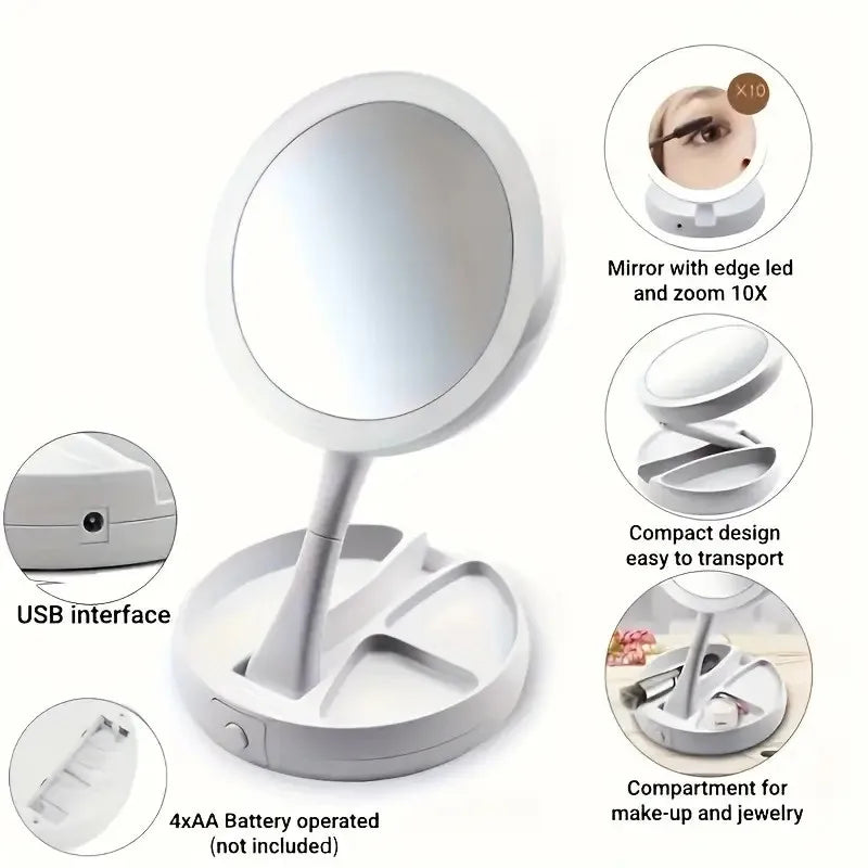 1pc Foldable LED Vanity Mirror/Dual-Sided