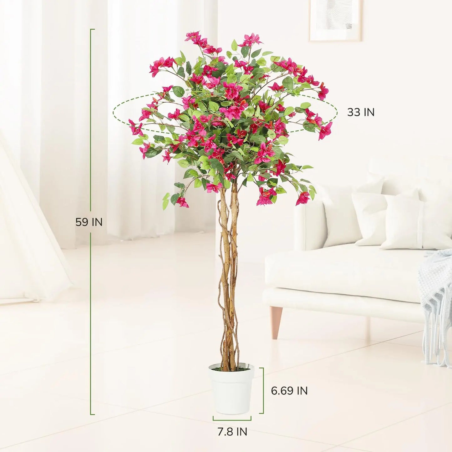 Artificial Indoor Bougainvillea Tree w/White Pot