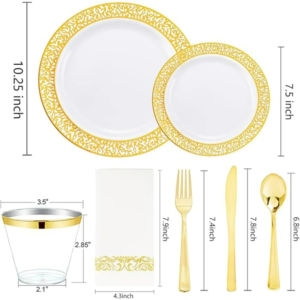 350PCS Gold Disposable Dinnerware Set