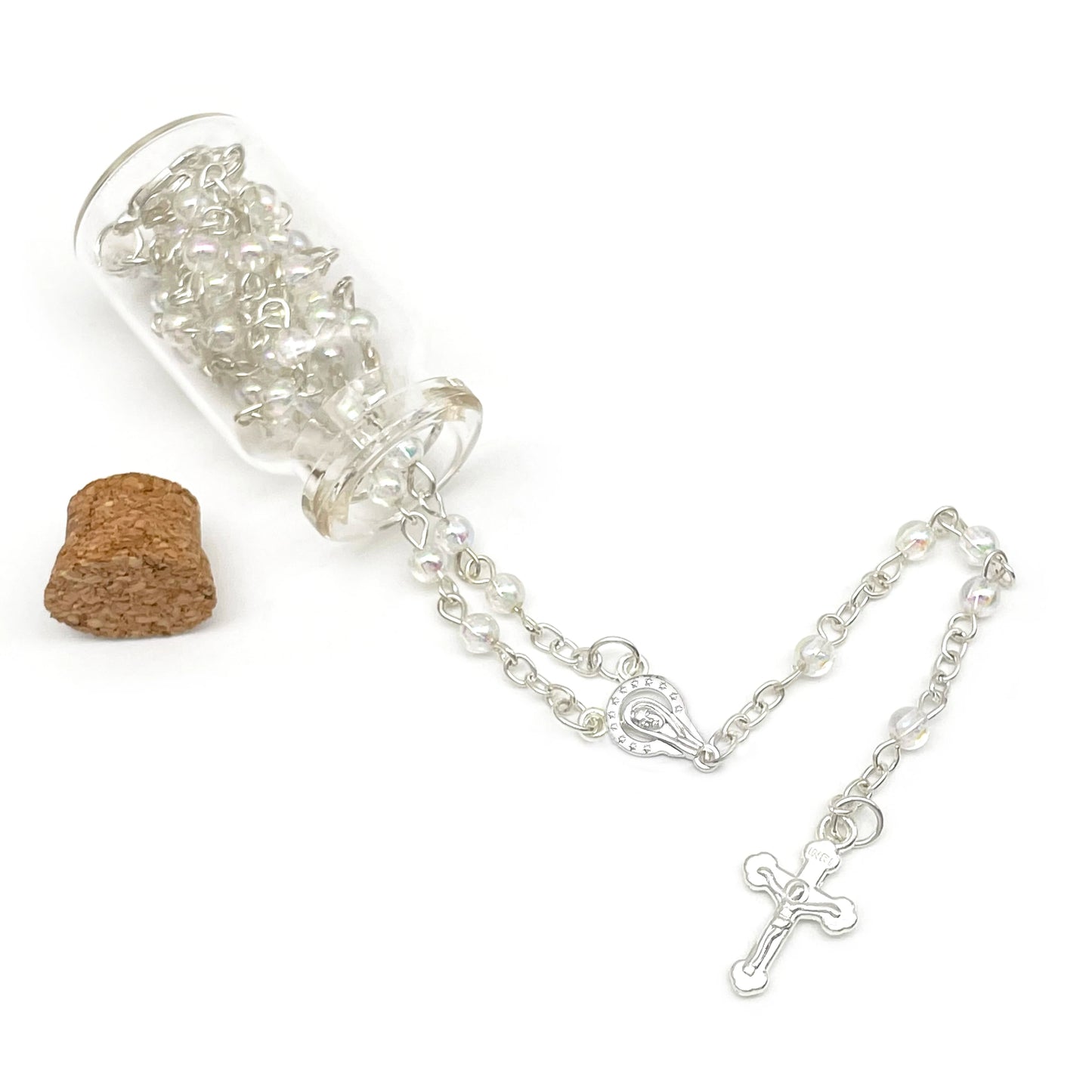 Baptism Rosary in Glass Jar Bottle W/Pearl Beads