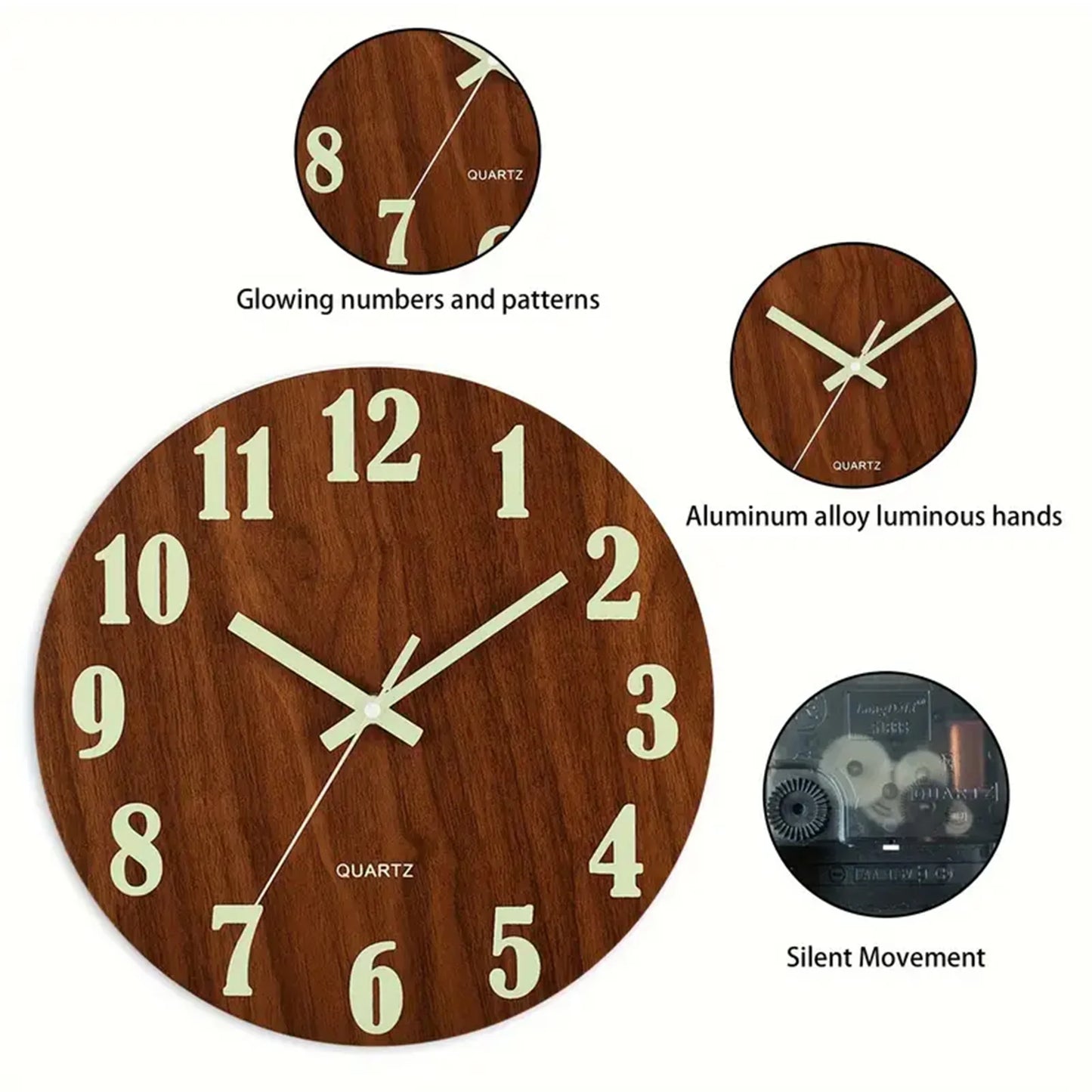 12 Inch Wooden Luminous Silent Wall Clock