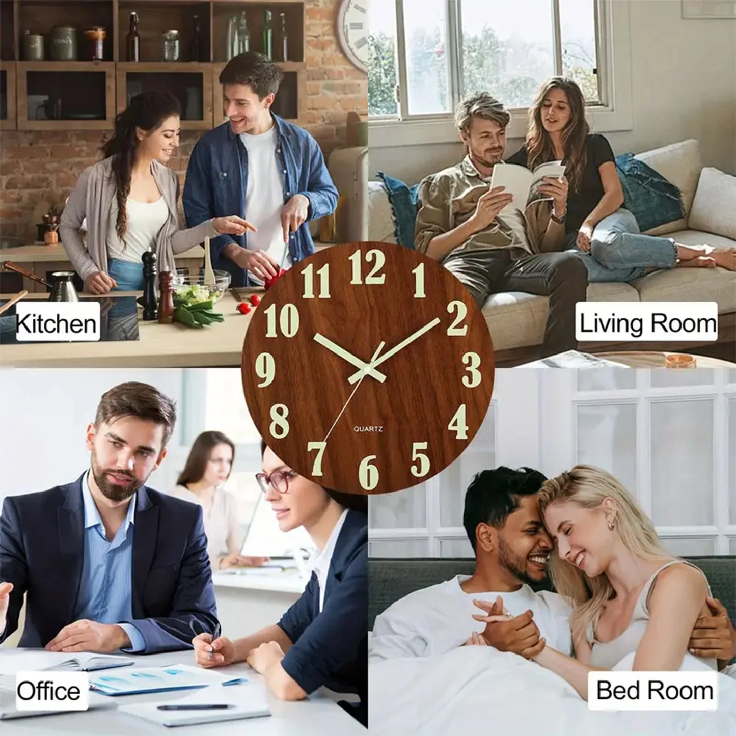 12 Inch Wooden Luminous Silent Wall Clock