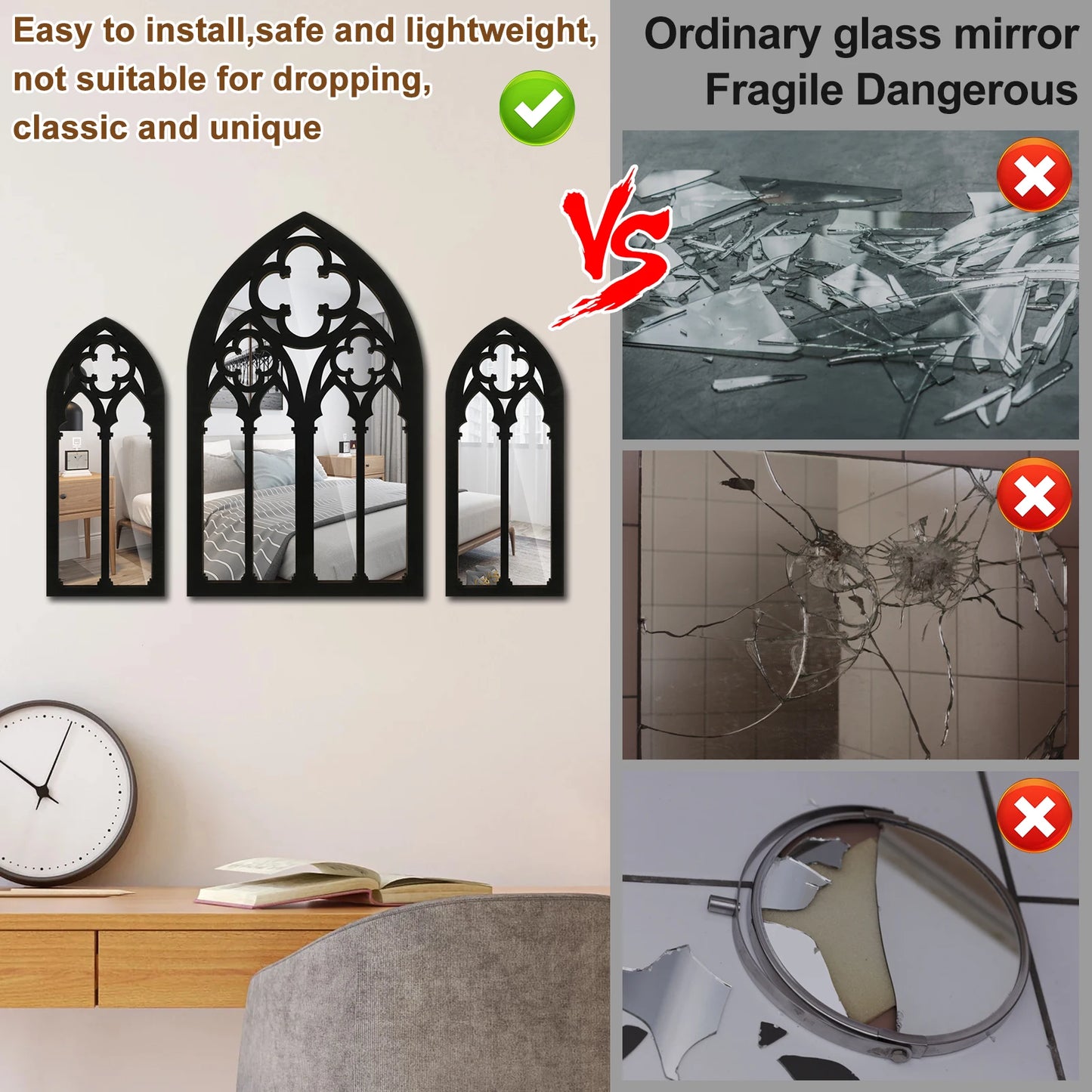 3pcs Gothic Mirrors Arched Wall Decor